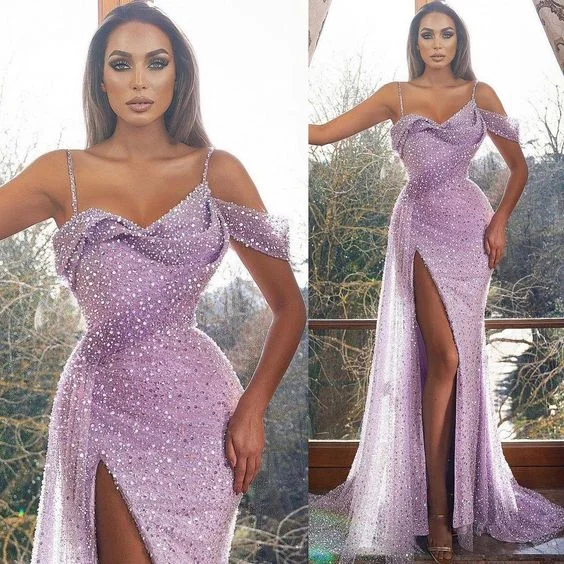 Women's Plus-Size Garments Romantic Detailing 2021 Plus Size Arabic Aso Ebi Lilac High Split Prom Dresses Spaghetti Sexy Sequined Evening Formal Gowns        cg24453