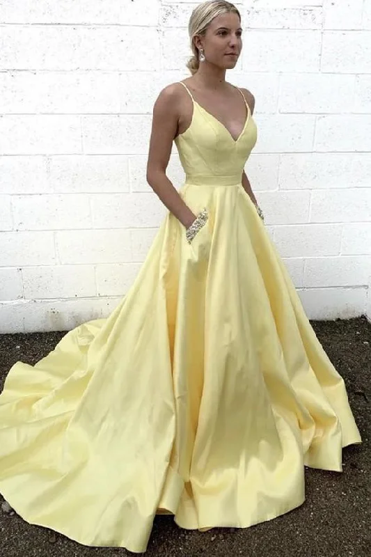 Women's Outerwear Attire Luxury Comfort Yellow satin long A line prom dress evening dress      cg22639