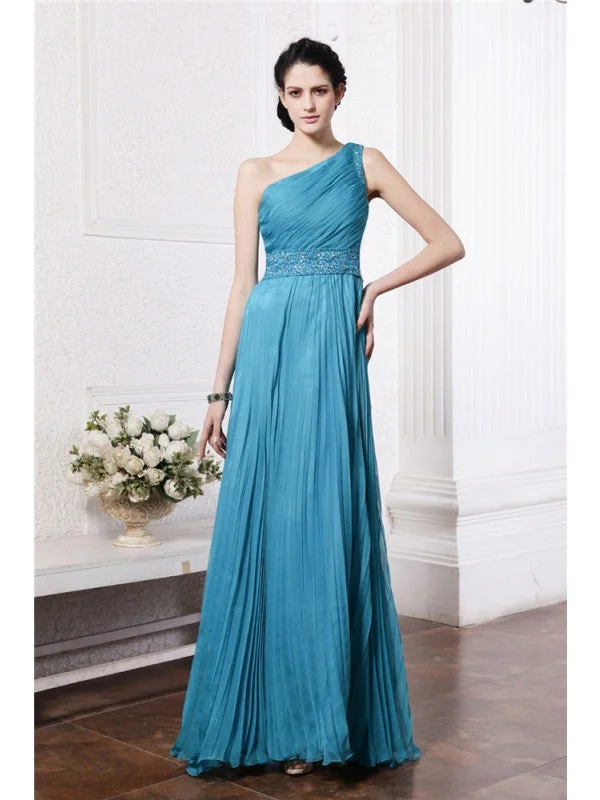 Women's Professional Clothes Ethnic Cultural Event Wear Sheath/Column One-Shoulder Sleeveless Beading Pleats Long Chiffon Bridesmaid Dresses