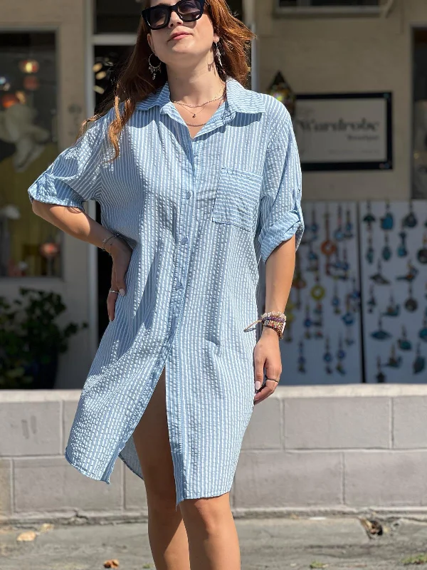 Women's Vintage Garments Sophisticated Cut White Striped Shirt Dress