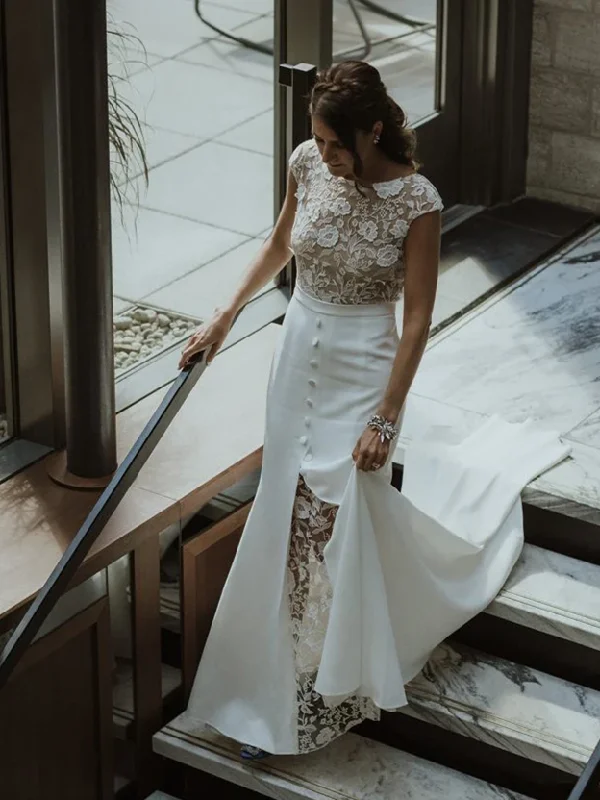 Women's Vintage-Inspired Clothing Graceful Movement Cap Sleeves Lace Jersey Wedding Dresses, Long Wedding Dresses, Bridal Gown, 2020 Wedding Dresses