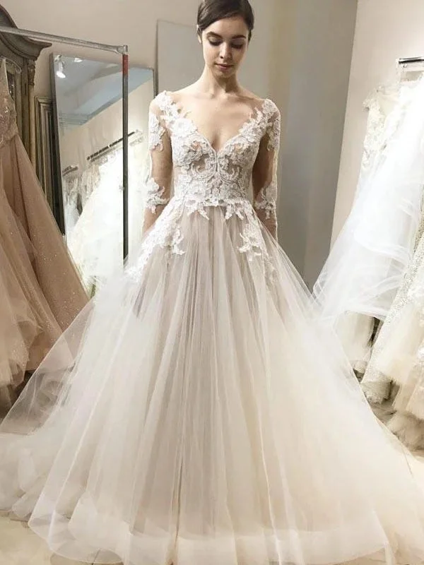 Affordable Women's Apparel Mid - Season Sale V-neck Long Sleeves Lace Tulle Wedding Dresses, Long Bridal Gown, 2020 Wedding Dresses