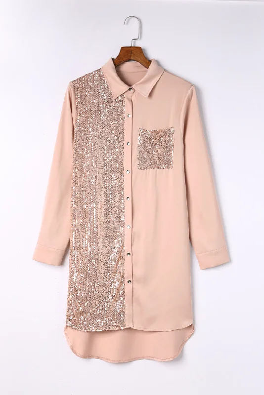 Women's Contemporary Clothing Summer Splash Sale Sequin Button Front High-Low Shirt Dress