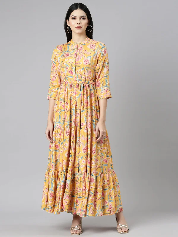 Women's Casual Attire Feminine Elegance Neeru's Mustard Flared Casual Printed Gown