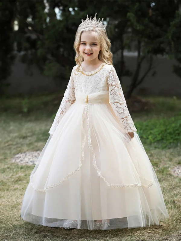 Comfortable Outfit For Women Rustic Countryside Charm Look Ball Gown Scoop Long Sleeves Lace Flower Girl Dresses