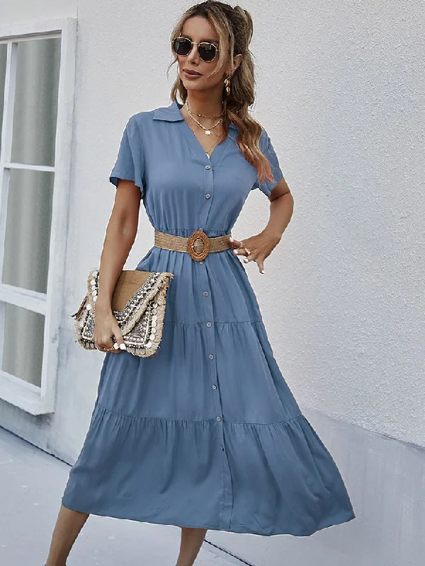 Women's Seasonal Clothing Now on Sale for Chic Urban Styles JuliaFashion - 2024  Solid Ruffles A-line Casual V-neck High Waist Shirt Dress