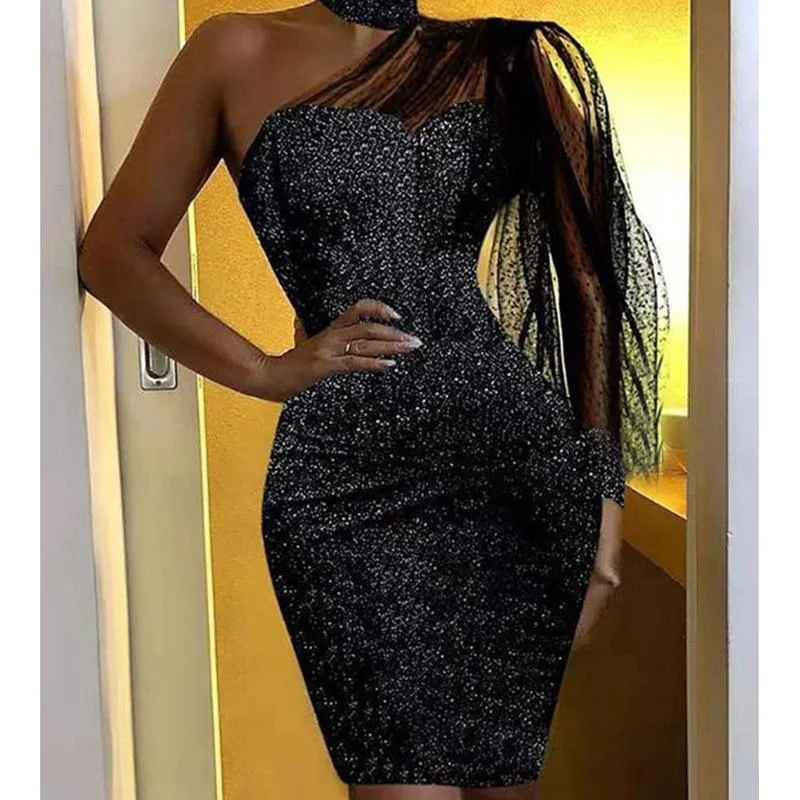 Women's Clothing For Outdoor Activities Playful Elegance FashionSierra - Women Glitter Mesh Patchwork Bodycon Dress Chocker Neck Black Glittering Mini Dresses Stretchy Party Dress Vestidos Mujer