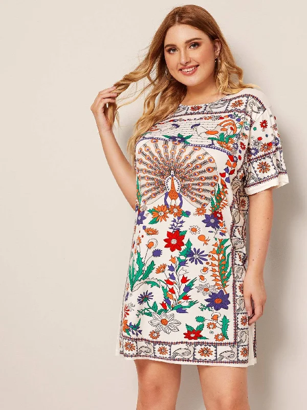 Women's Plus-Size Outfit Alluring Design Plus Tribal Print T-shirt Dress