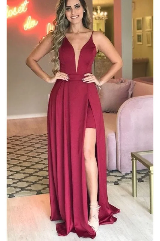 Women's Casual Wear Outfit Coastal Beach - Inspired Style Sexy Sleeveless Split Prom Dresses Deep V Neck Ruched Long Evening Dresses N1621