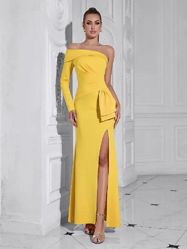 Women's Layered Outfit Vintage Retro Party Wear One Shoulder Pure Color Maxi Bodycon Dress HB10141