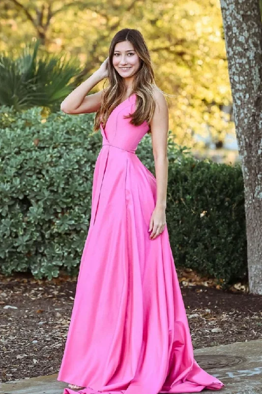 Women's Elegant Garments Tropical Island - Inspired Attire SIMPLE PINK SATIN LONG PROM DRESS PINK SATIN LONG EVENING DRESS    cg21803