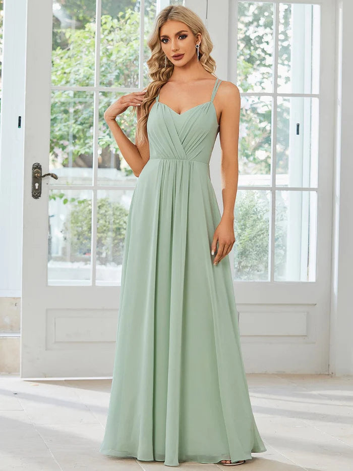 Vintage-Inspired Women's Apparel Weekend Special Chiffon and Lace Open Back Bridesmaid Dress with Spaghetti Straps