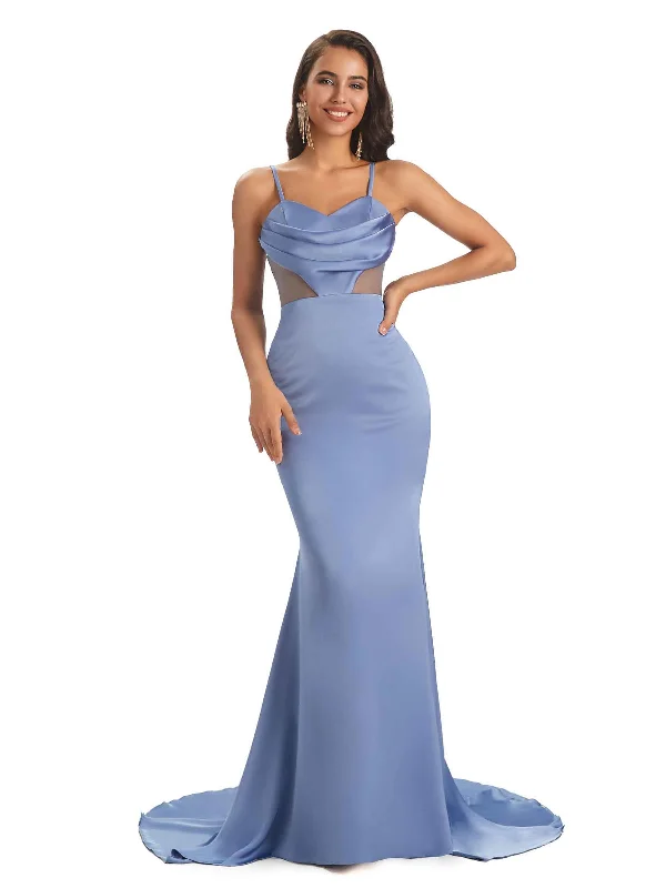 Women's Everyday Garments Romantic Date - Night Ensemble Sexy Soft Spaghetti Straps Satin Side Slit Mermaid See Through Bridesmaid Dresses Online