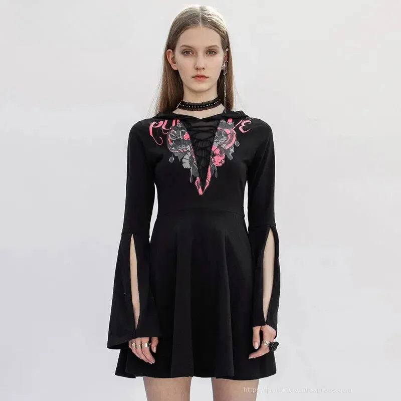 Women's Comfy Attire For Lounging Everyday Glamour Gothic V-collor Print Mesh Stitching Long Sleeve Dress