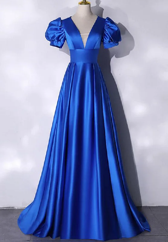 Women's Transitional Attire Playful Elegance Women Satin Royal Blue Prom Dresses Long V-Neck Evening Gowns Formal Party Dress YPD349