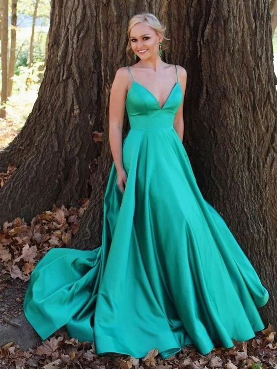 Women's Cozy Outfit For Lounging Today Only Simple v neck satin long prom dress green tulle formal dress     cg23476