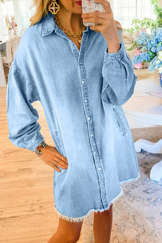 Women's Formal Event Outfit Feminine Grace Beau Blue Washed Raw Hem Denim Shirt Dress