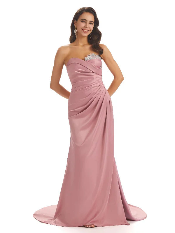 Women's Athletic Clothes Lighten Up with Nordic Styles Sexy Soft Satin Side Slit Sweetheart Long Mermaid Bridesmaid Dresses Online