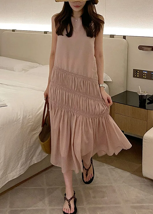 Women's Relaxed Outfit Nordic Minimalist Home Look Elegant Pink Wrinkled Solid Long Dress Sleeveless