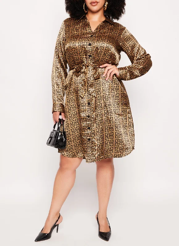 Women's Effortless Casual Outfit Limited - Stock Plus Size Greek Key Button Front Shirt Dress