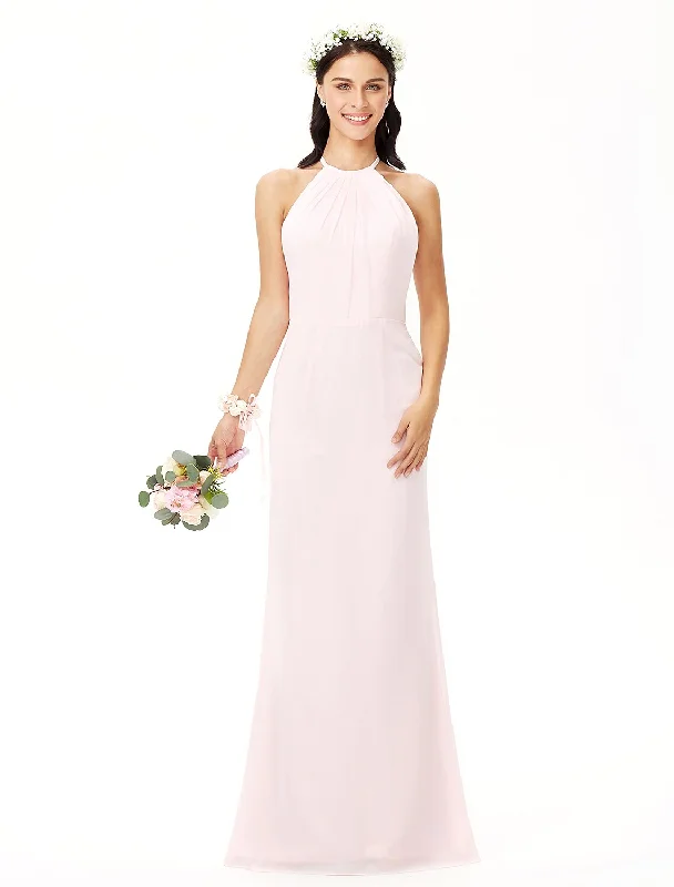 Chic Women's Outfit Father's Day Deals Sheath / Column Bridesmaid Dress Jewel Neck Sleeveless Elegant Floor Length Chiffon with Pleats