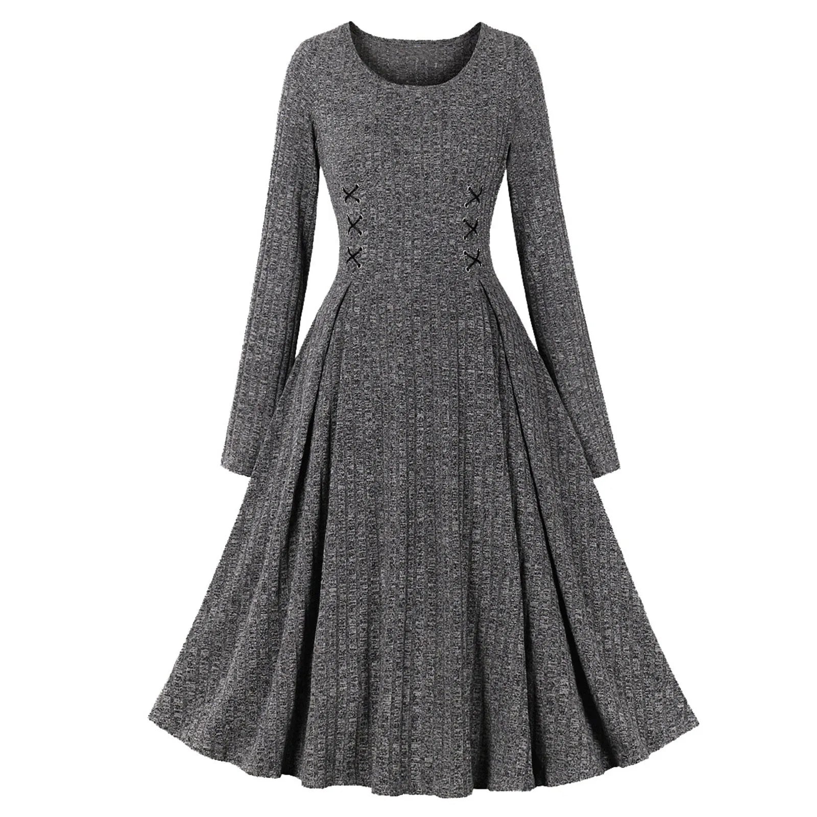 Timeless Women's Apparel Soft Textures FashionSierra - Solid Ribbed Knitted Round Neck Long Sleeve Retro Vintage Slim Dress