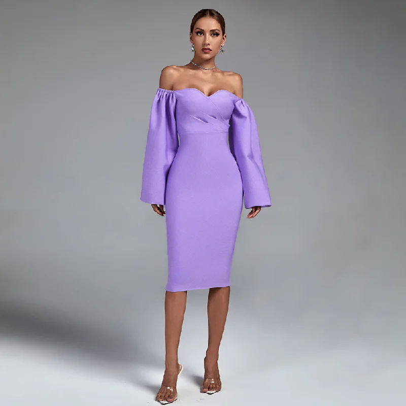 Chic Clothes For Women Bold Patterns Purple Off Shoulder Long Sleeve Backless Midi Bandage Dress PP21814