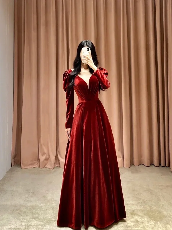 Women's Holiday Outfit Classic Charm Burgundy Deep V-Neck Velvet Long Sleeves Prom Dress Y2635