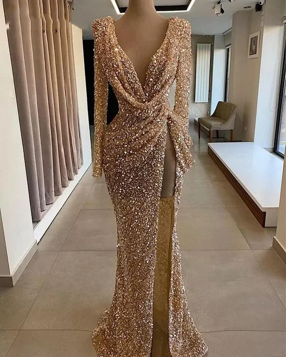 Women's High-Fashion Garments Romantic Date - Night Ensemble Sparkly Prom Dresses, Deep V Neck Prom Dresses, Long Sleeve Prom Dresses, Arabic Prom Dresses, Side Slit Prom Dresses Y194