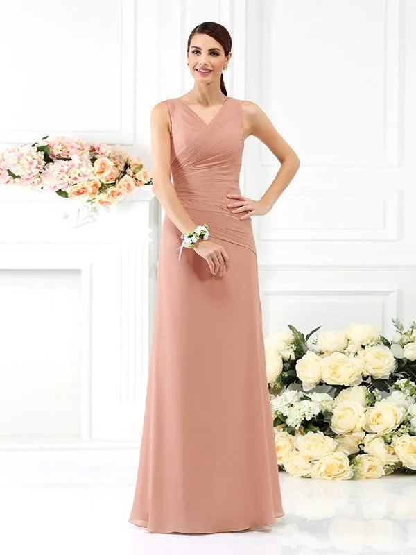 Casual Chic Women's Clothes Chic Allure Sheath/Column V-neck Pleats Sleeveless Long Chiffon Bridesmaid Dresses