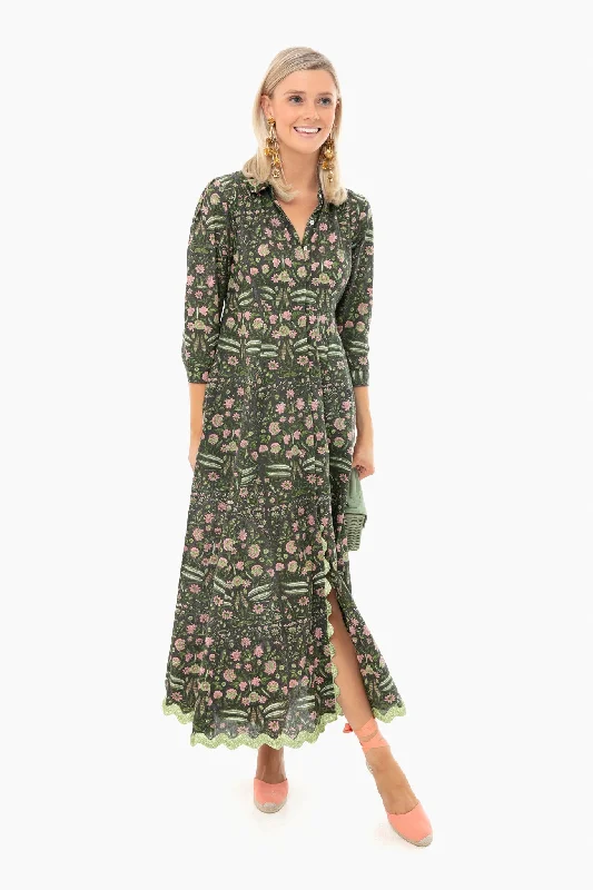 Women's Casual Apparel Coastal Beach - Inspired Style Black and Pistachio 3/4 Sleeve Maxi Shirt Dress