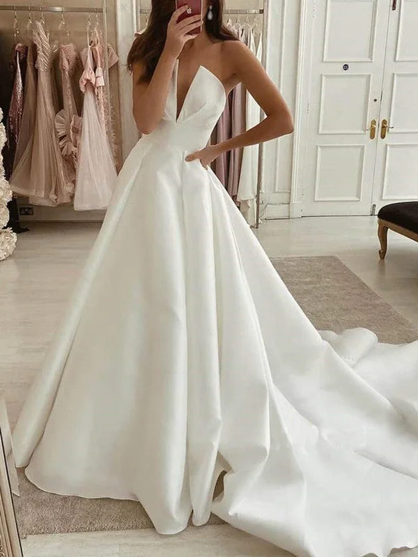 Women's Clothes And Garments Limited - Stock Strapless A-line Long Wedding Dresses, Popular Satin Wedding Dresses, Bridal Gowns