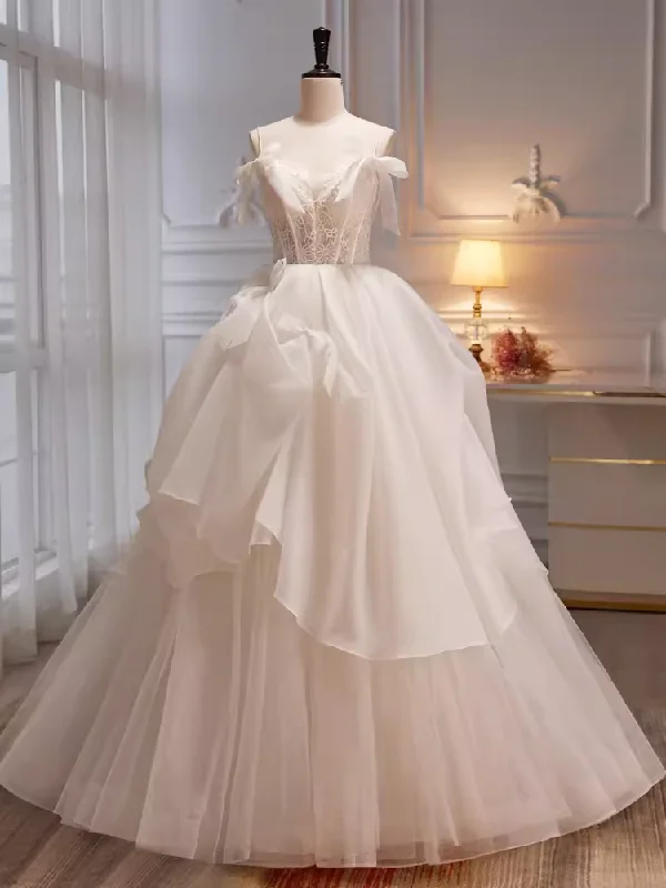 Women's Outdoor Activity Garments Effortless Comfort Modest Ball Gown Off The Shoulder Short Sleeves White Tulle Long Prom Dress C937