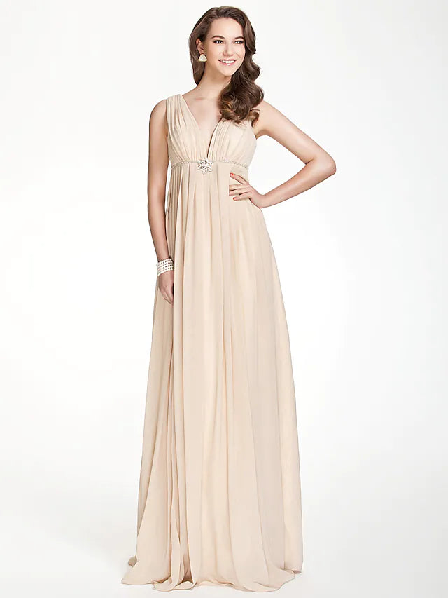 Women's Casual Wear Clothes Mother's Day Special A-Line Bridesmaid Dress V Neck Sleeveless  Back Floor Length Chiffon with Pleats   Beading   Draping