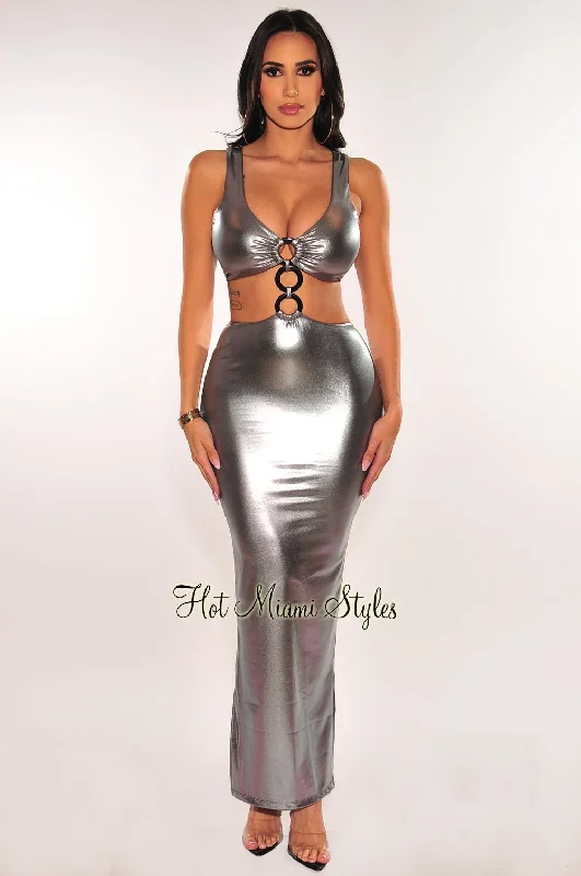 Women's Elegant Clothing Sets Anniversary Sale Silver Chrome O-Ring Sleeveless Cut Out Double Slit Dress