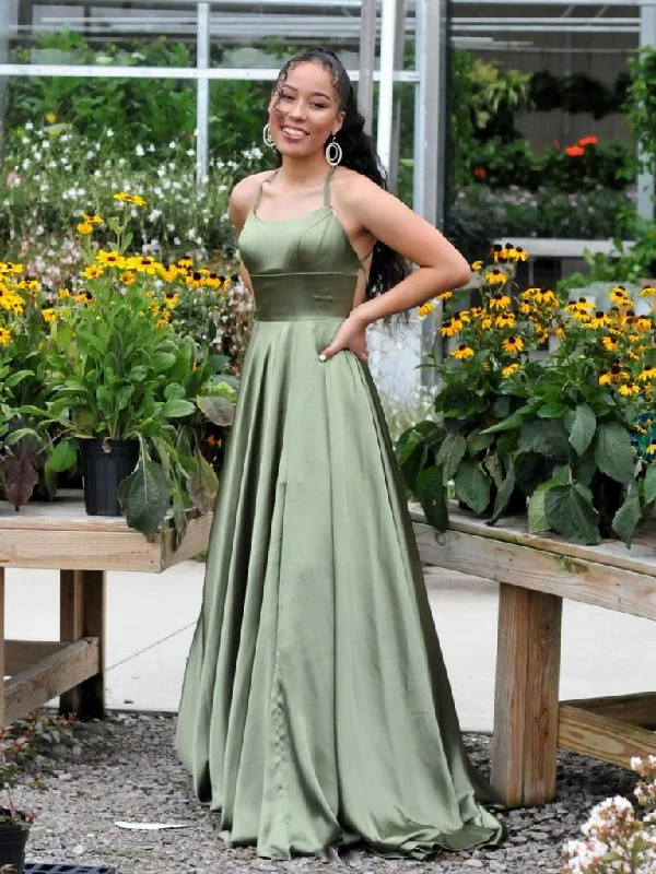 Women's Layered Outfit Feminine Soft - Hued Look SIMPLE GREEN SATIN LONG PROM DRESS, GREEN EVENING DRESS      cg23967