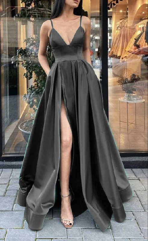 Women's Charming Outfit For Events Last Chance Sale Long black satin prom dresses v neck split evening gown with pockets      cg23052