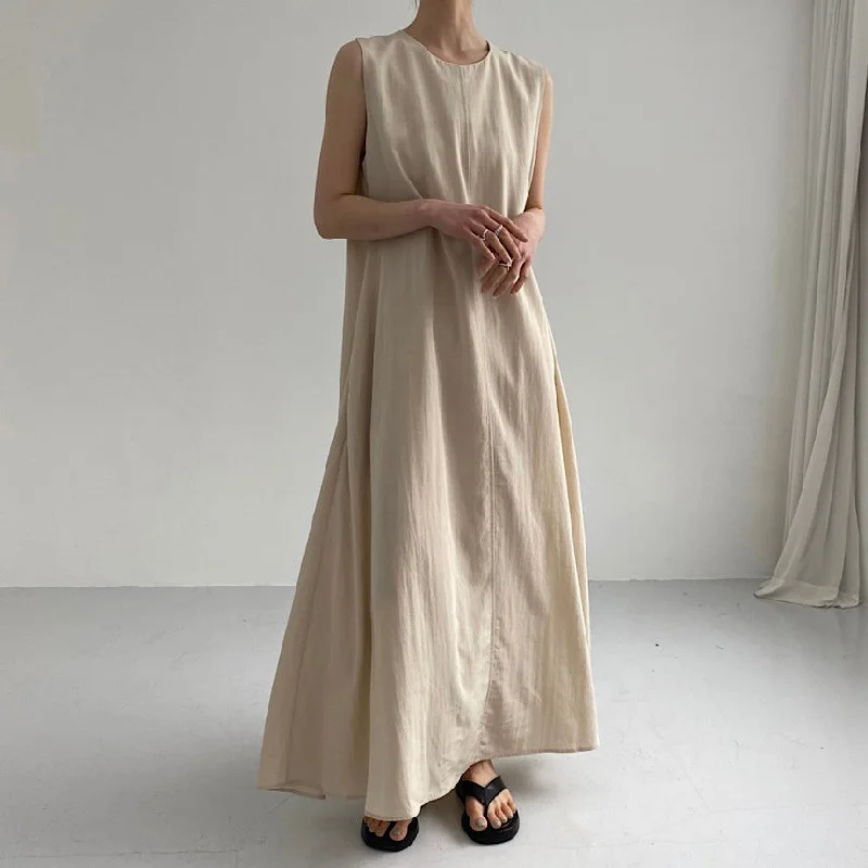 Women's Tailored Outfit Great Prices on Feminine Styles IKEARLAX Cross-Border Hot Sale  Summer Japanese and Korean Chic Casual Simple Loose Big Hem Sleeveless Long Cotton Linen Dress Women