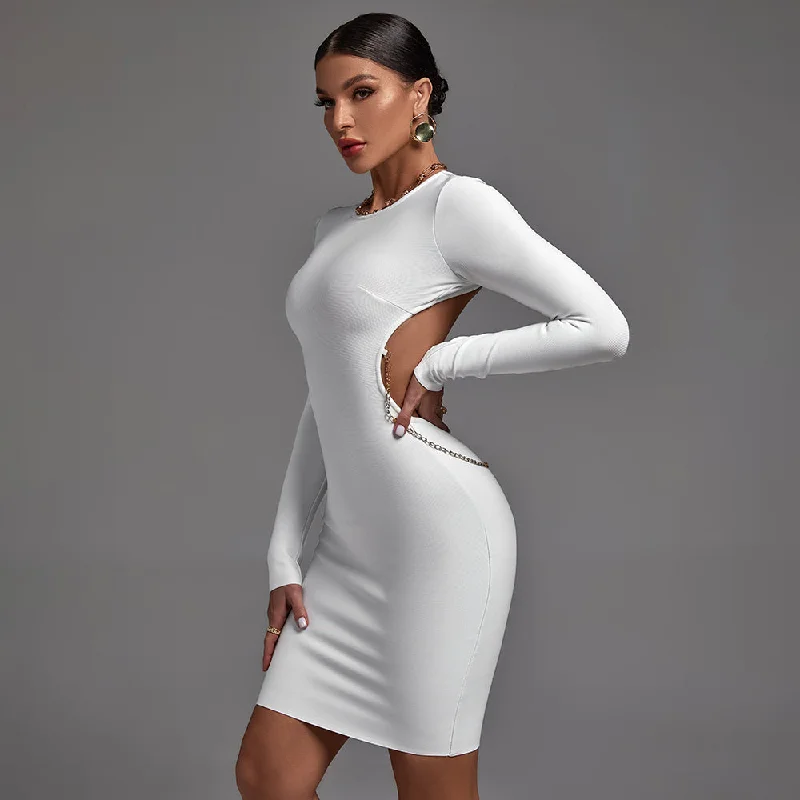 Classic Clothes For Women Limited - Edition Drops White Round Neck Long Sleeve Backless Bandage Dress PP21604