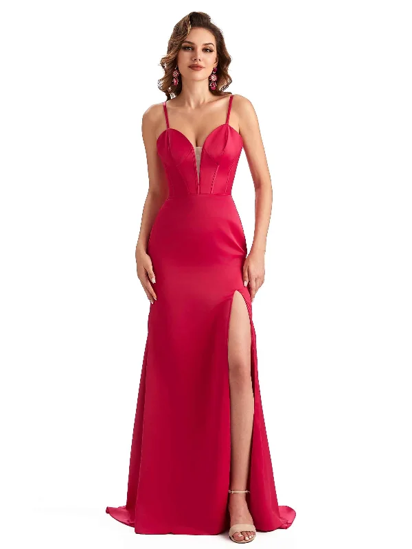 Women's Seasonal Attire Limited - Time Bundle Sexy Side Slit Spaghetti Straps Mermaid Unique Long Satin Wedding Guest Dresses