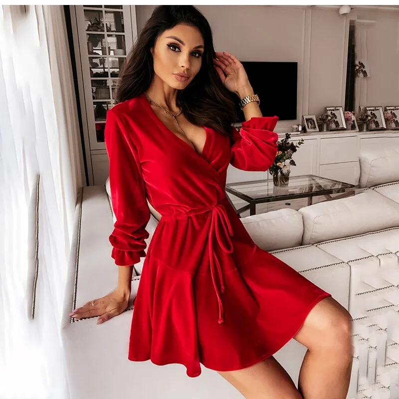 Women's Trendy Clothes Elevated Style FashionSierra - Casual Long Sleeve V-neck Lace Up Party Dress