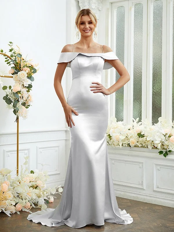 Women's Holiday Clothing Dreamy Draping Sheath/Column  Woven Satin Spaghetti Straps Sleeveless Sweep/Brush Train Bridesmaid Dresses