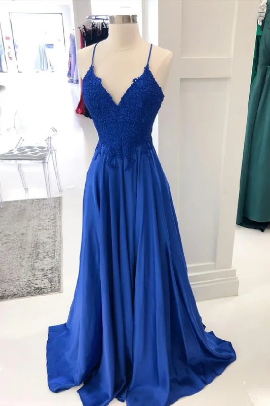 Women's Clothes Dreamy Draping Blue satin lace long A line prom dress evening dress    cg21233