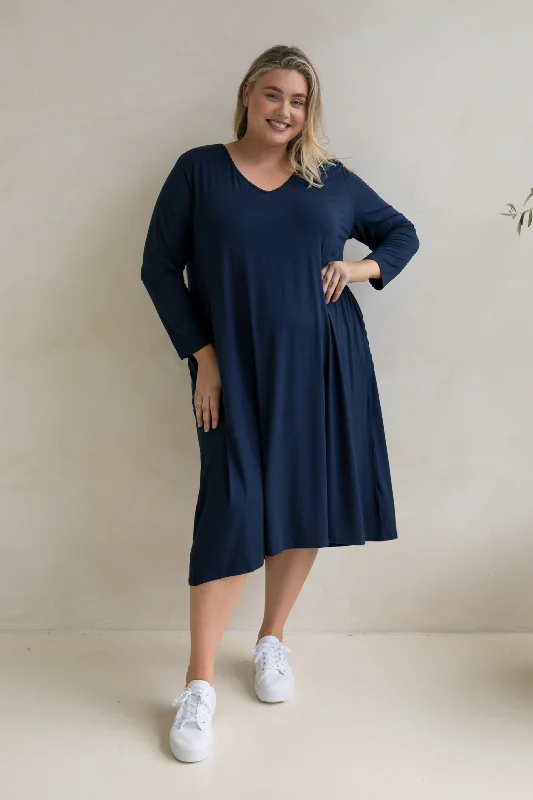 Plus-Size Women's Clothing Final Clearance Long Sleeve T-Shirt Dress | Navy