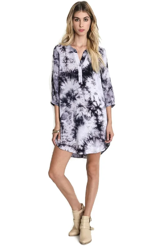 Women's Fashion Clothes Lightweight Fabric Tie Dye Boyfriend Shirt Dress, Grey