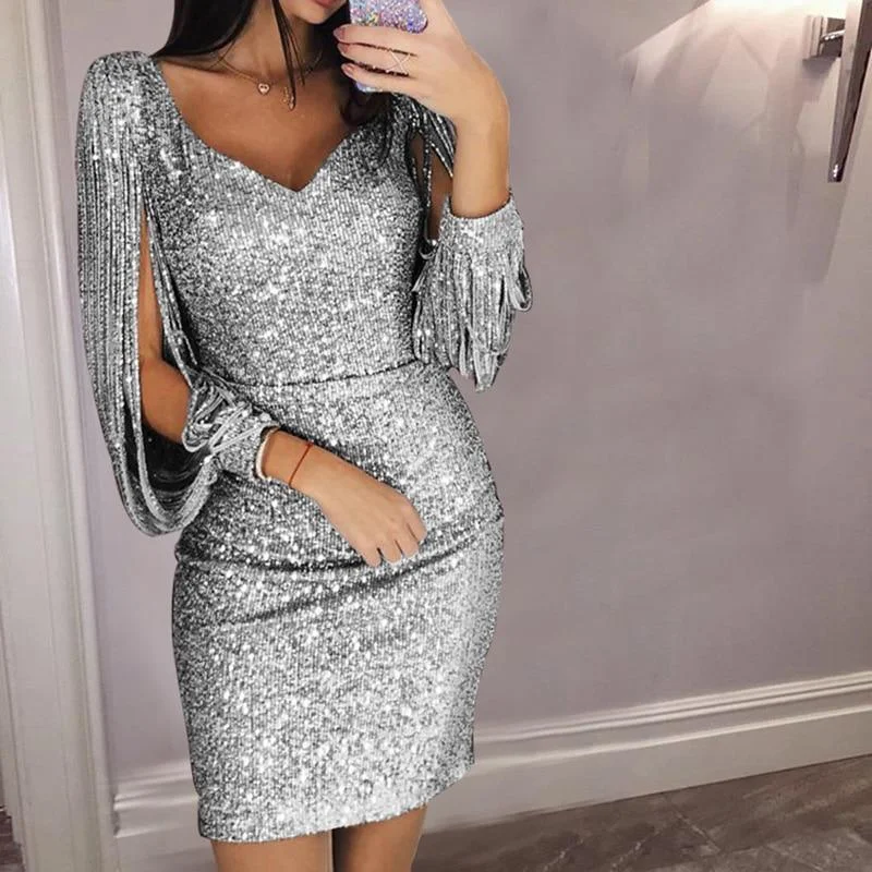 Women's Elegant Garments Elevated Style FashionSierra - Tassel lantern sleeve sequin dress Women sexy v neck bodycon dresses Autumn fashion elegant party dress Sequined vestidos mujer