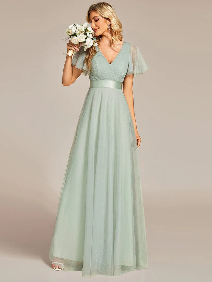 Women's Trendy Casual Outfit Feminine Soft - Hued Look Double V-Neck Tulle Floor-Length Bridesmaid Dress