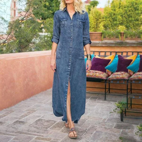 Women's Resort Apparel Big Savings on Rustic Countryside Styles KittenAlarm - Simone Button Down Denim Shirt Dress