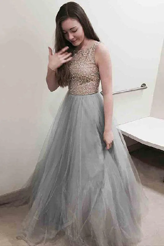 Women's Tailored Outfit Today Only Gray Long Tulle Prom Dresses with Beading A Line Sleeveless Grey Formal Dresses N1582