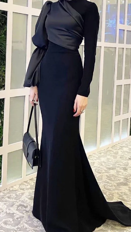 Casual Chic Women's Clothes Effortless Sophistication Chic Black Mermaid Long Prom Dress,Black Evening Dress with Long Sleeves  Y2079